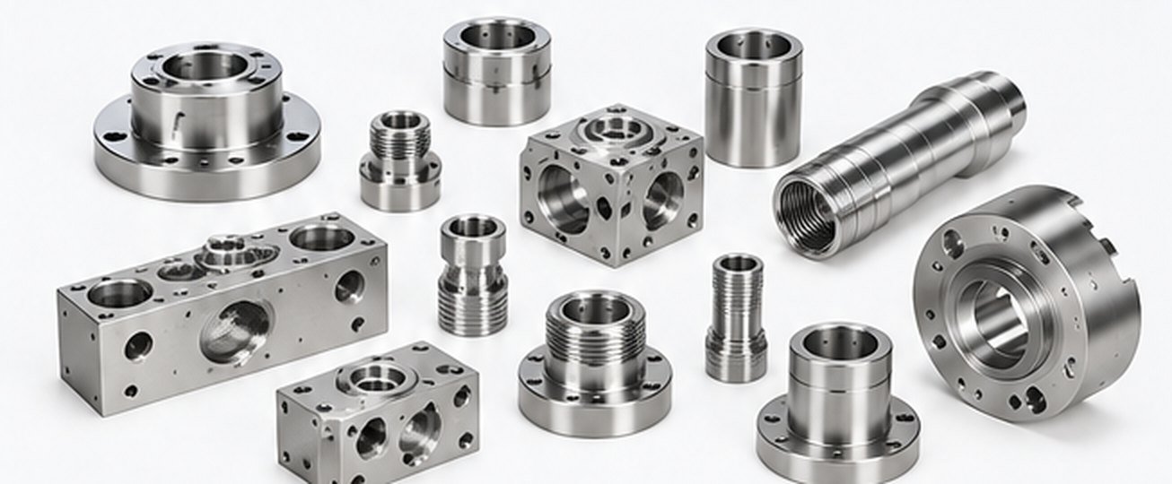 Precision machined components &mdash; flanges, hydraulic bodies, aerospace parts